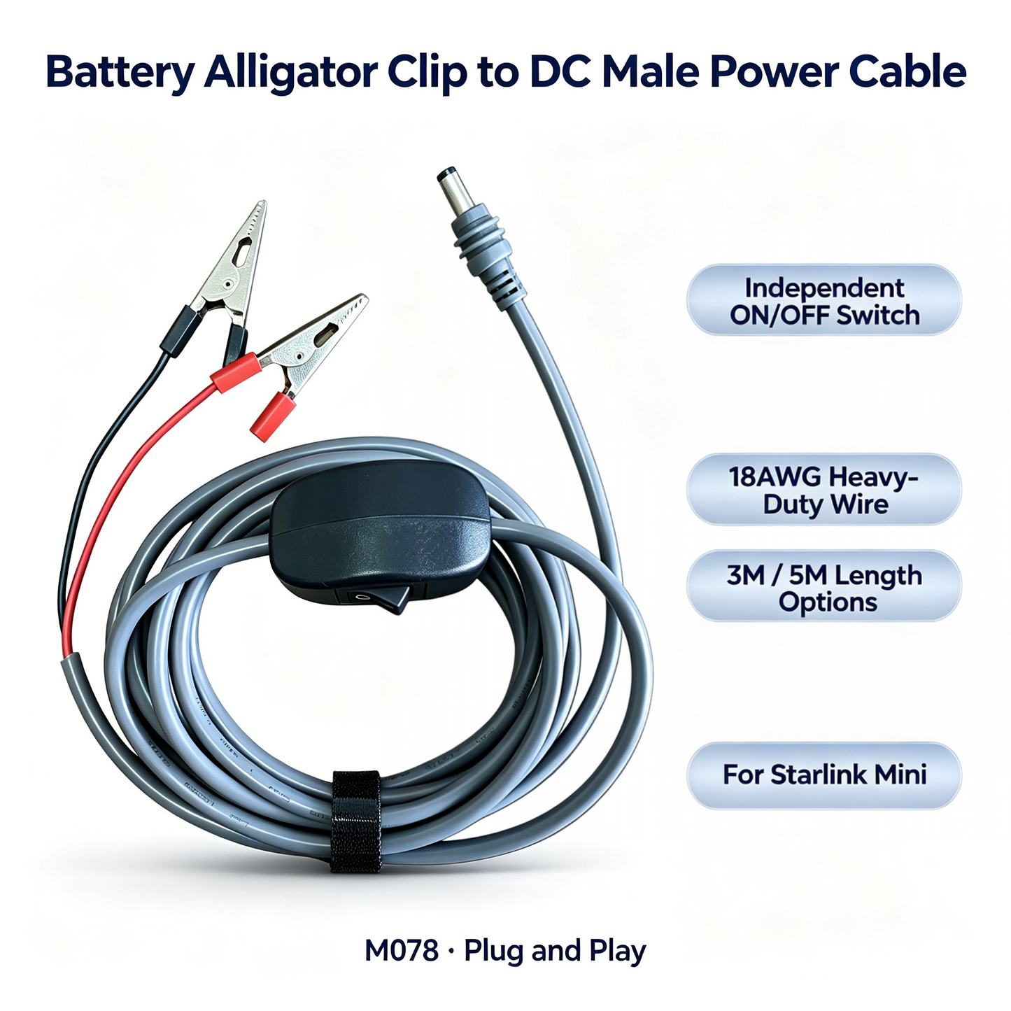 Alligator clip to  DC male power cable M078